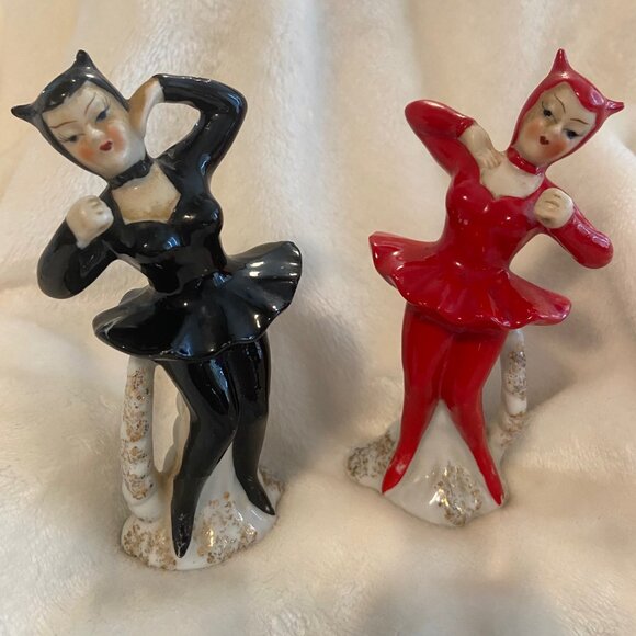 She Devil Ballerina Figurines ~ Set of 2 (Red & Black) ~ Vintage ~ Japan ~ 1950s - Picture 1 of 9